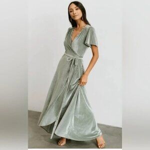 Baltic Born Ribbed Velvet Long Wrap Dress in Dusty Sage